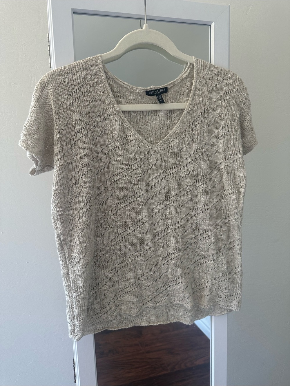 Eileen Fisher Petite Linen Blend Open Knit V-Neck Sweater Top PS